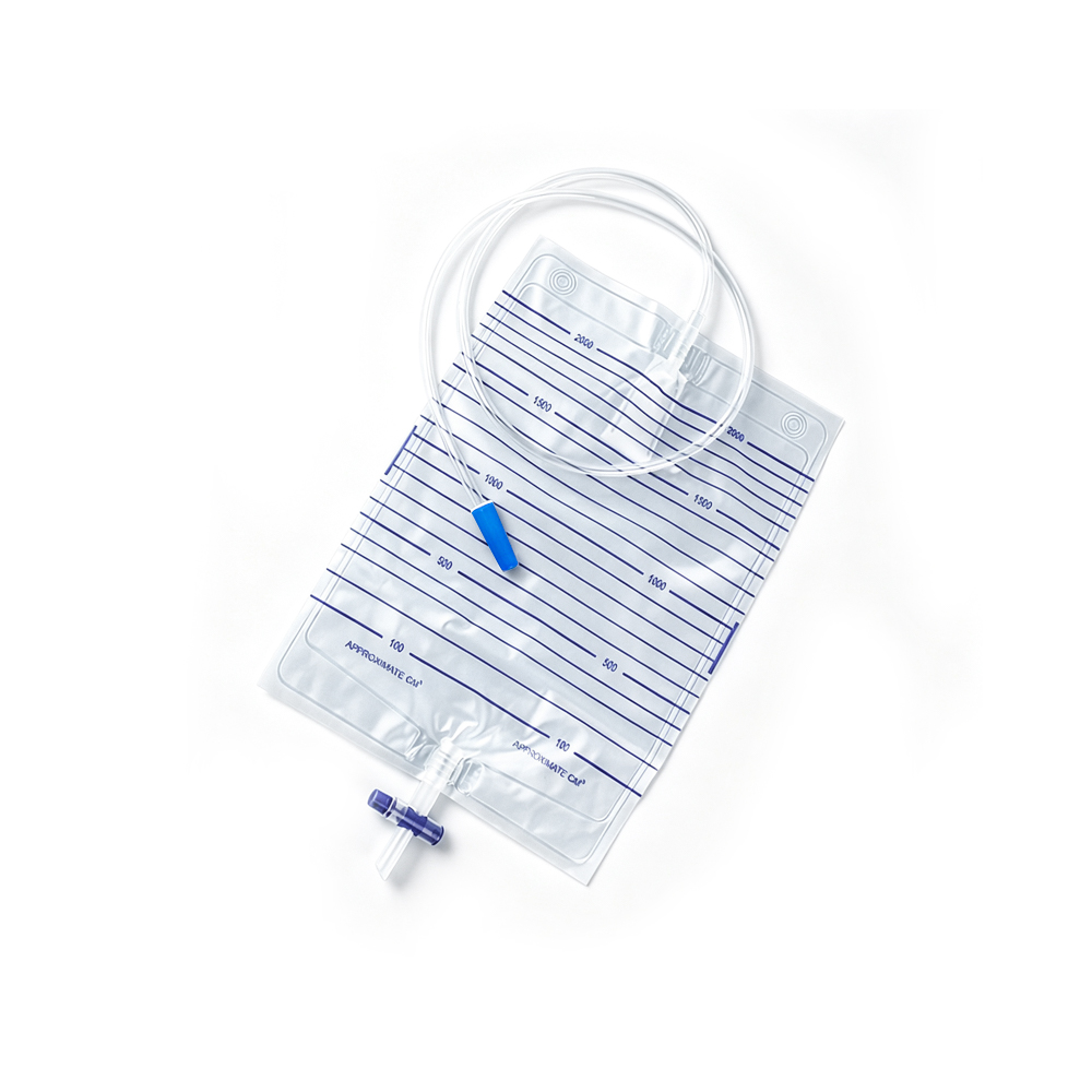 2000 ml steril og ikke-giftig PVC urinpose med medisinsk kvalitet med kryssventil av T-type